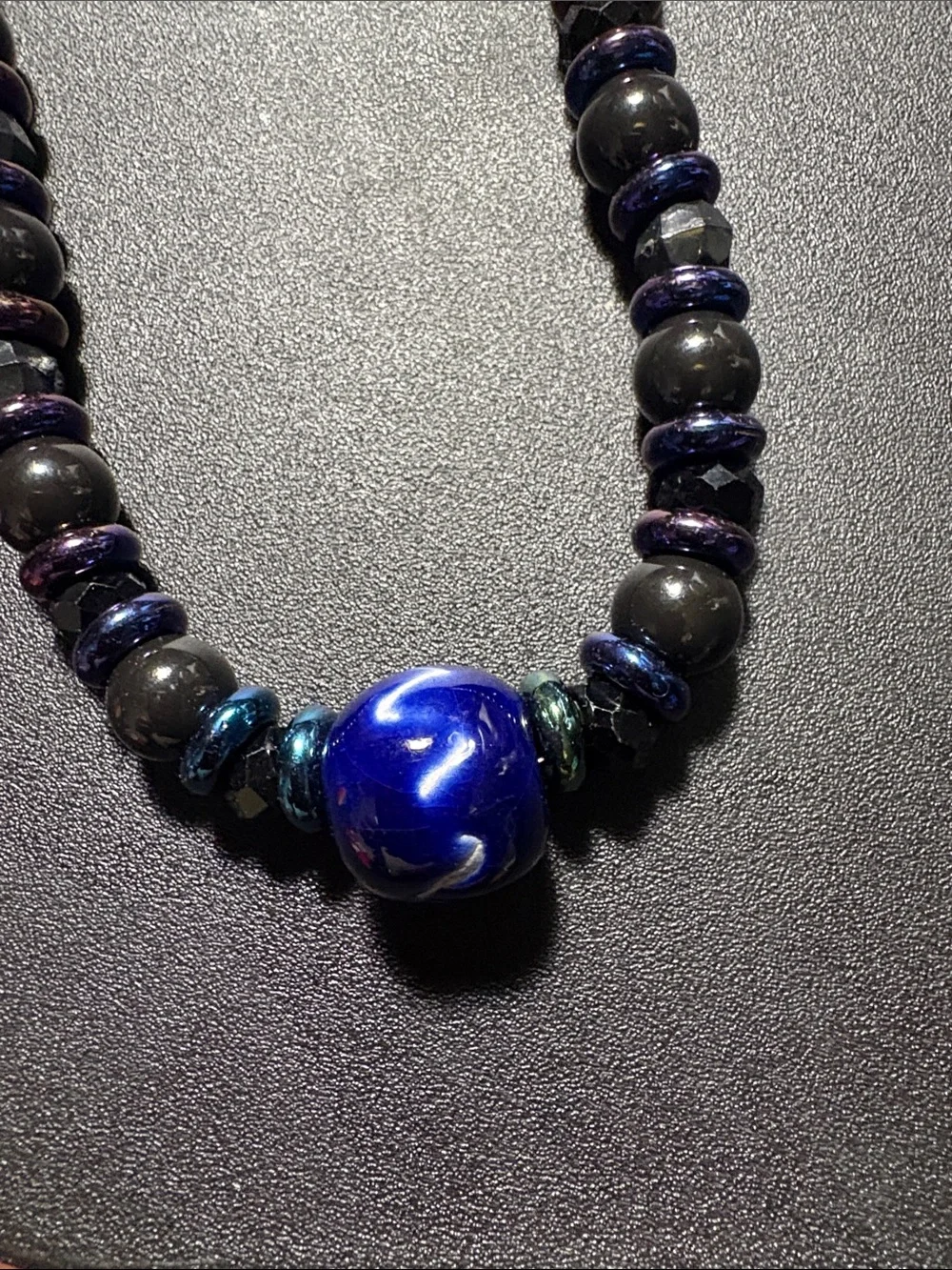 Black and Blue Beaded Necklace with Statement Blue Focal Bead